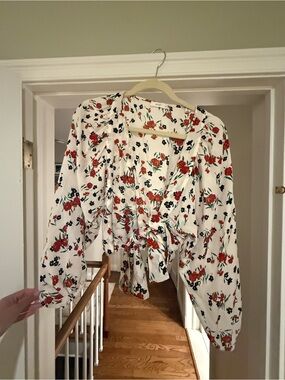 A.L.C. White Floral Tie-Front Blouse with Red & Green Print